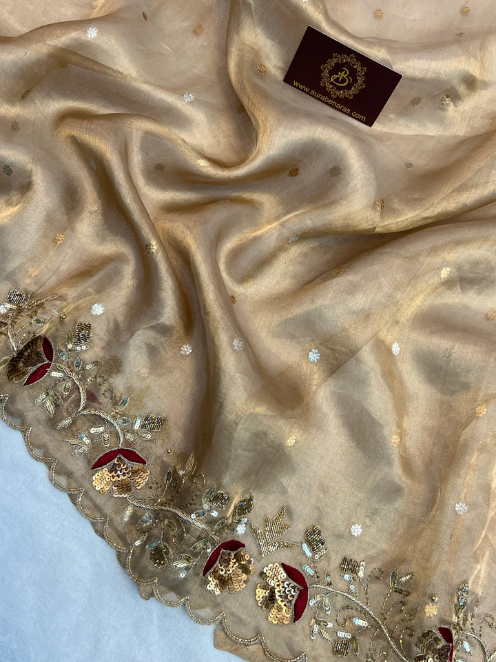 Golden Pure Tissue Silk Banarasi Saree with Zardozi Border