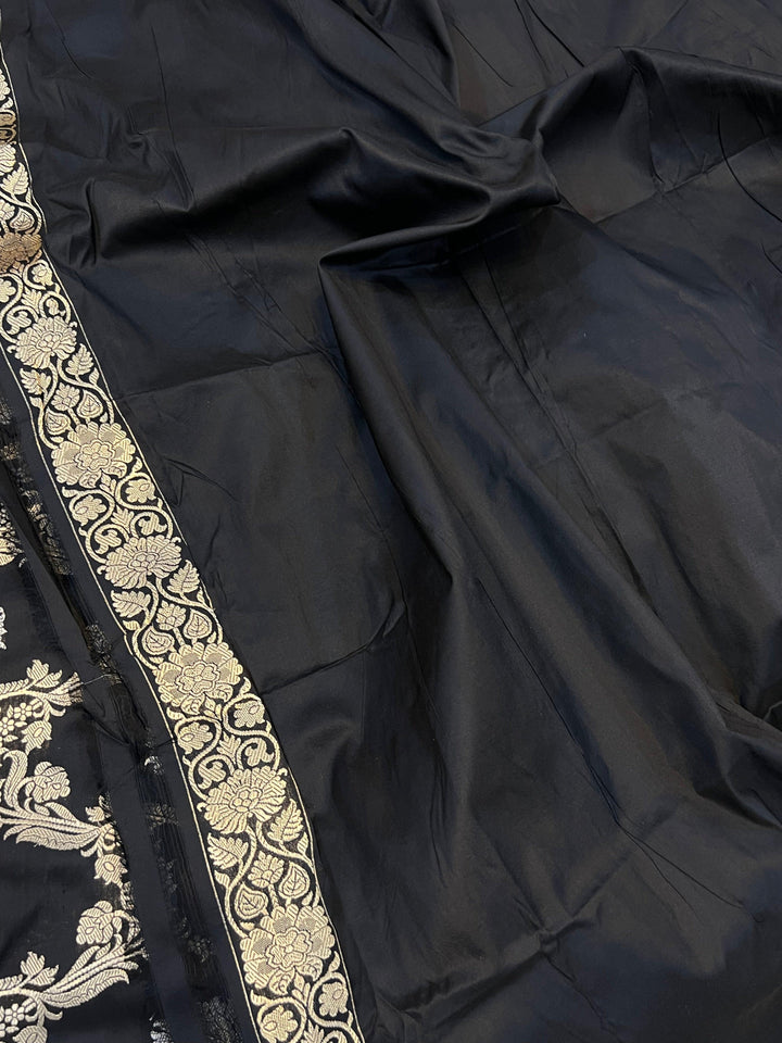 Black Pure Banarasi Handloom Katan Silk Saree - Aura Benaras