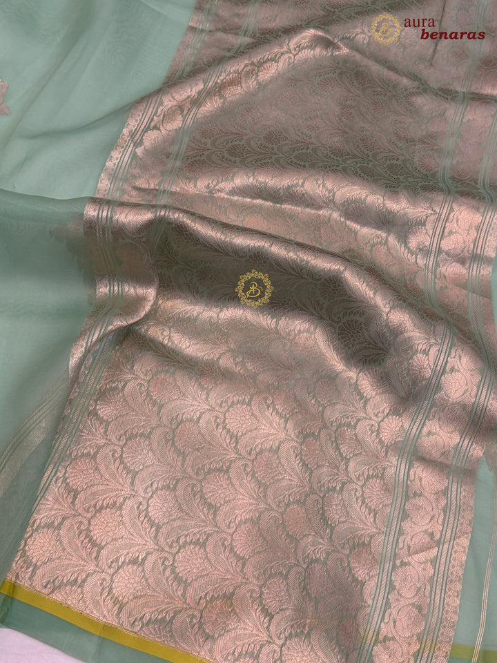 Mint Green Kora Silk Banarasi Saree with Sona Rupa Butis