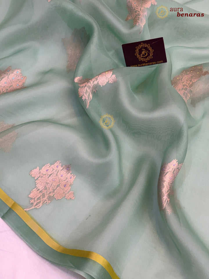 Mint Green Kora Silk Banarasi Saree with Sona Rupa Butis