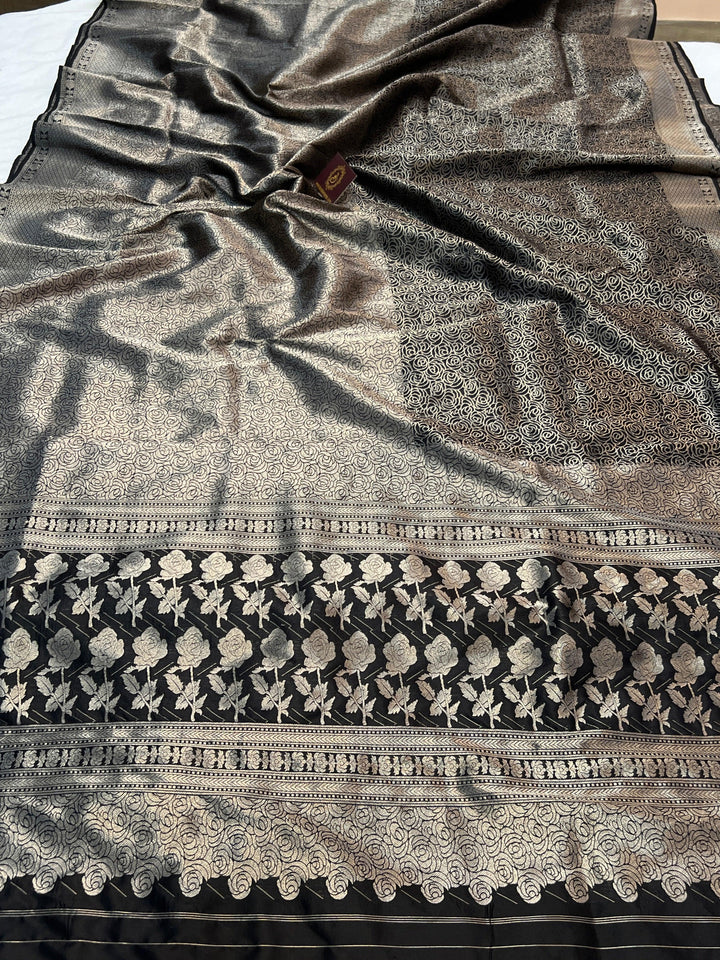 Black Pure Katan Silk Banarasi Saree with Floral Brocade Work