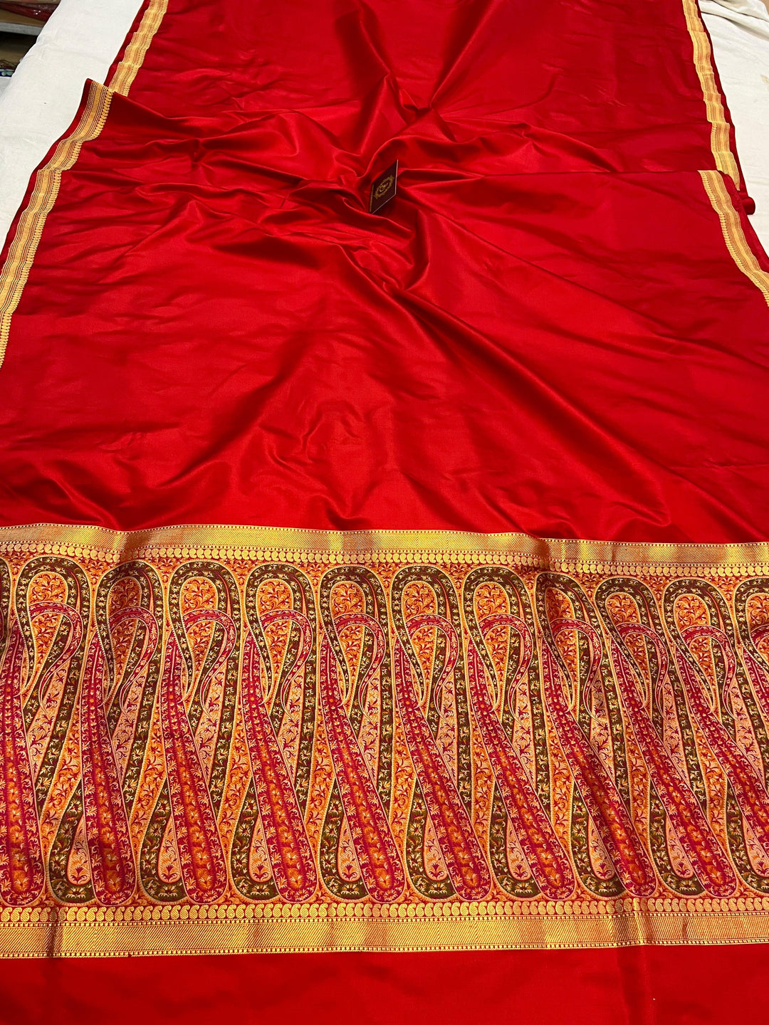 Red Banarasi Handloom Katan Satin Silk Saree - Aura Benaras