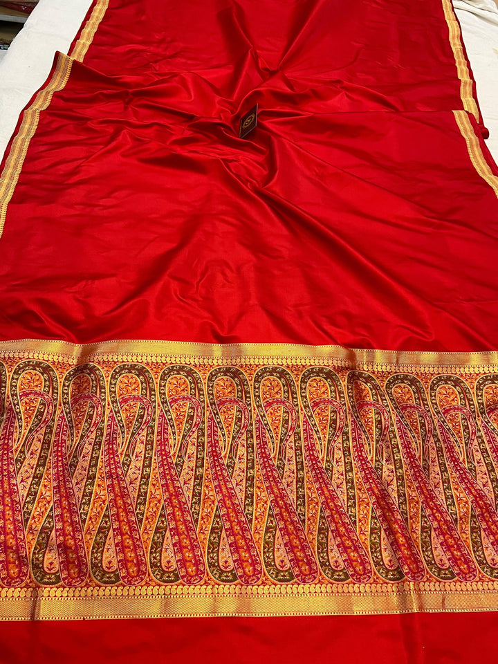Red Banarasi Handloom Katan Satin Silk Saree - Aura Benaras