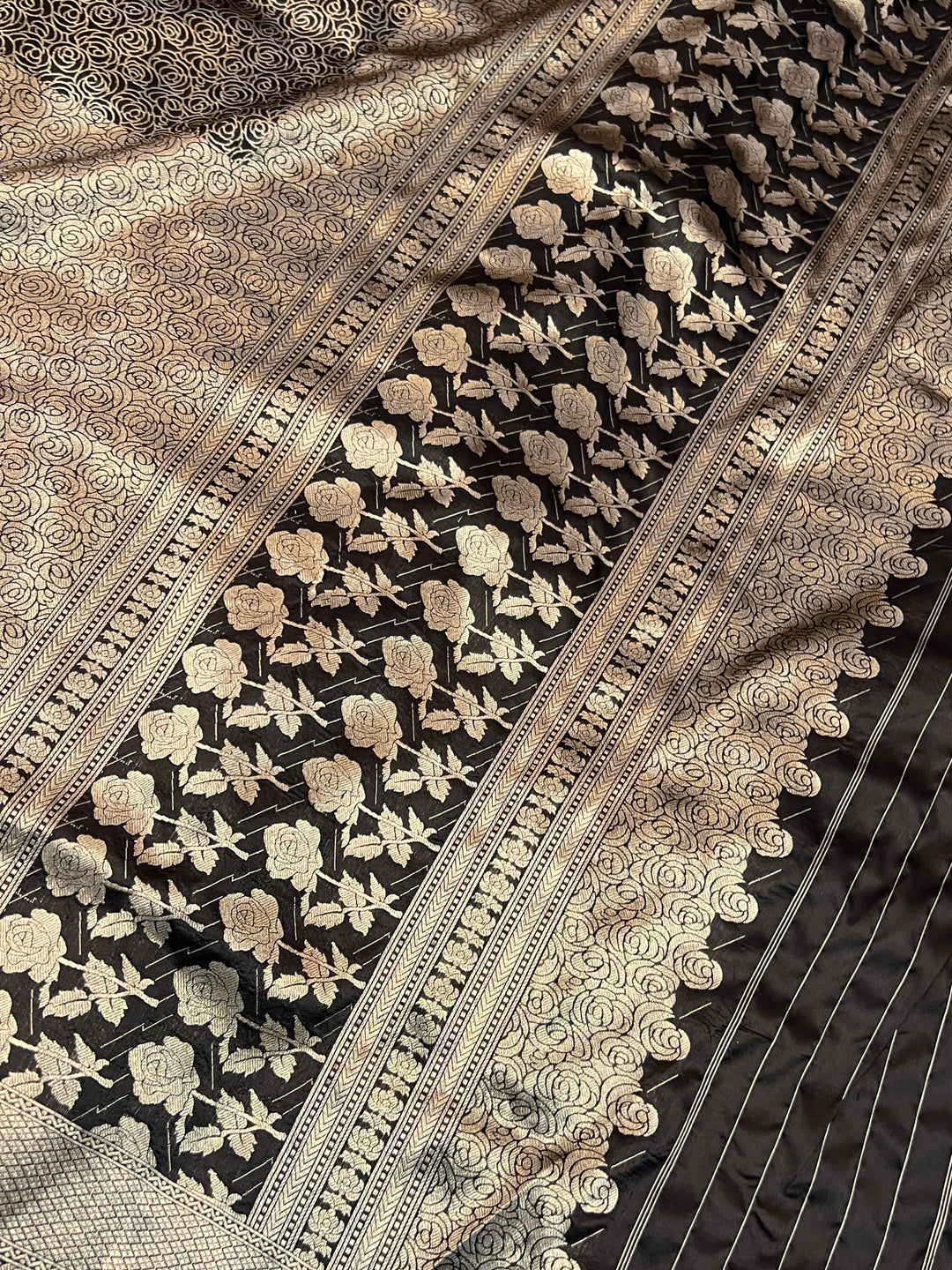 Black Pure Katan Silk Banarasi Saree with Floral Brocade Work