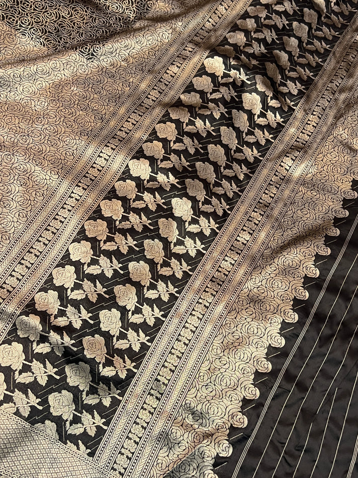 Black Pure Katan Silk Banarasi Saree with Floral Brocade Work