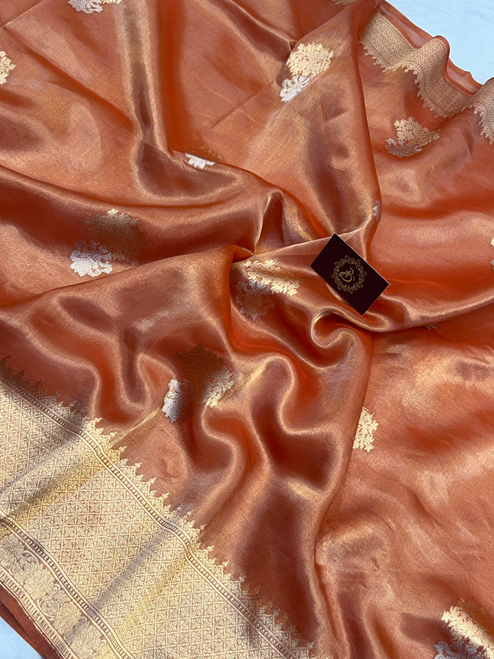 Orange Tissue Silk Banarasi Saree with kadhwa butas
