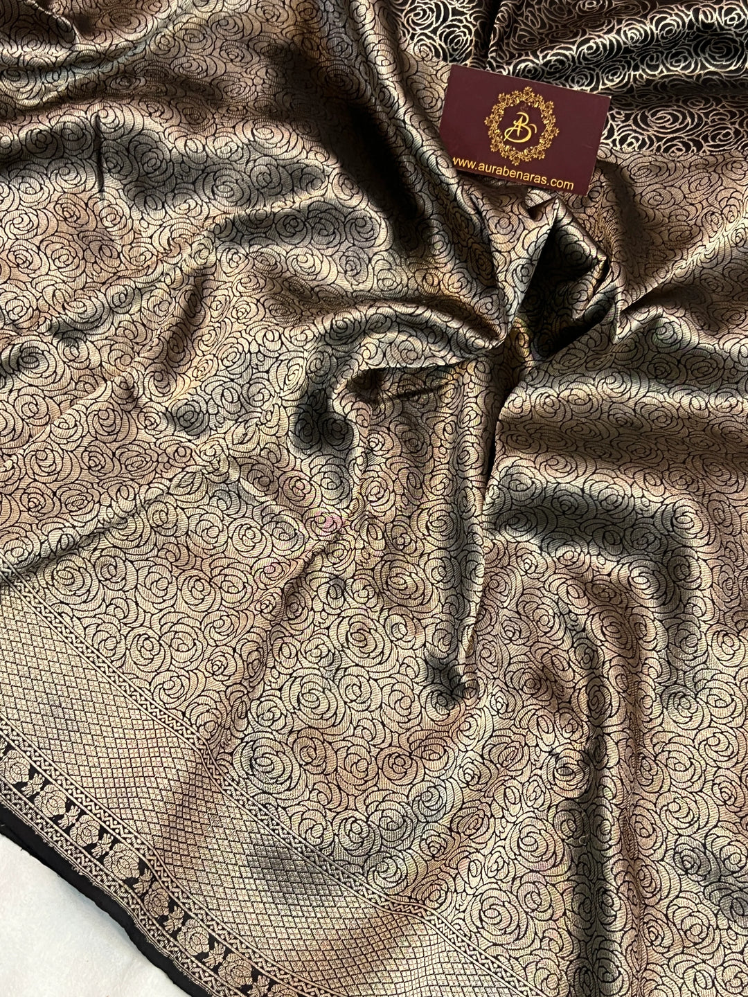 Black Pure Katan Silk Banarasi Saree with Floral Brocade Work