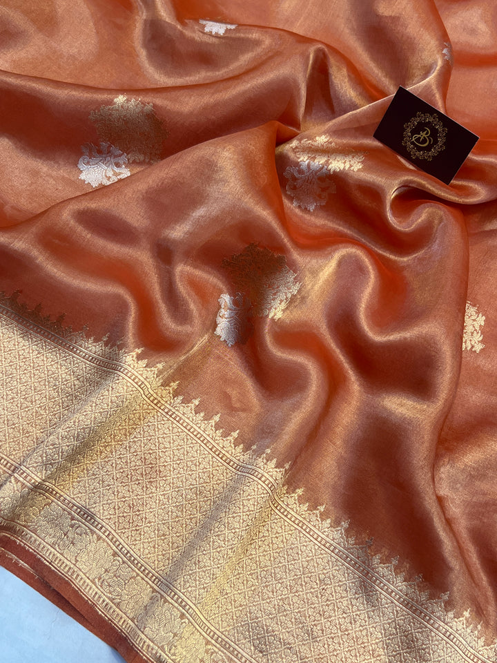 Orange Tissue Silk Banarasi Saree with kadhwa butas