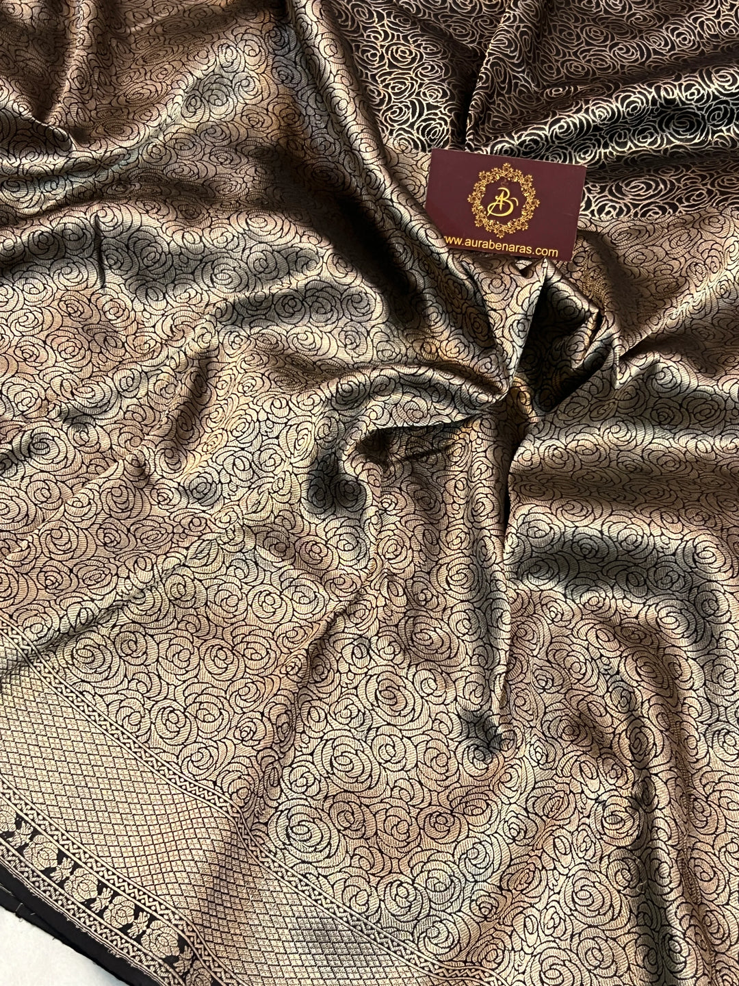 Black Pure Katan Silk Banarasi Saree with Floral Brocade Work