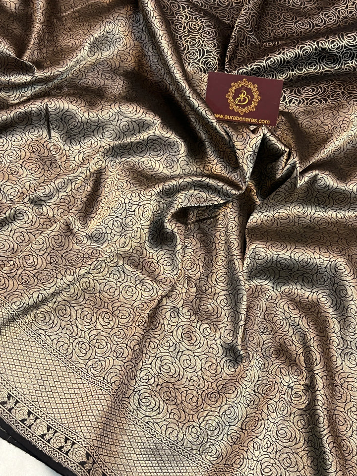 Black Pure Katan Silk Banarasi Saree with Floral Brocade Work