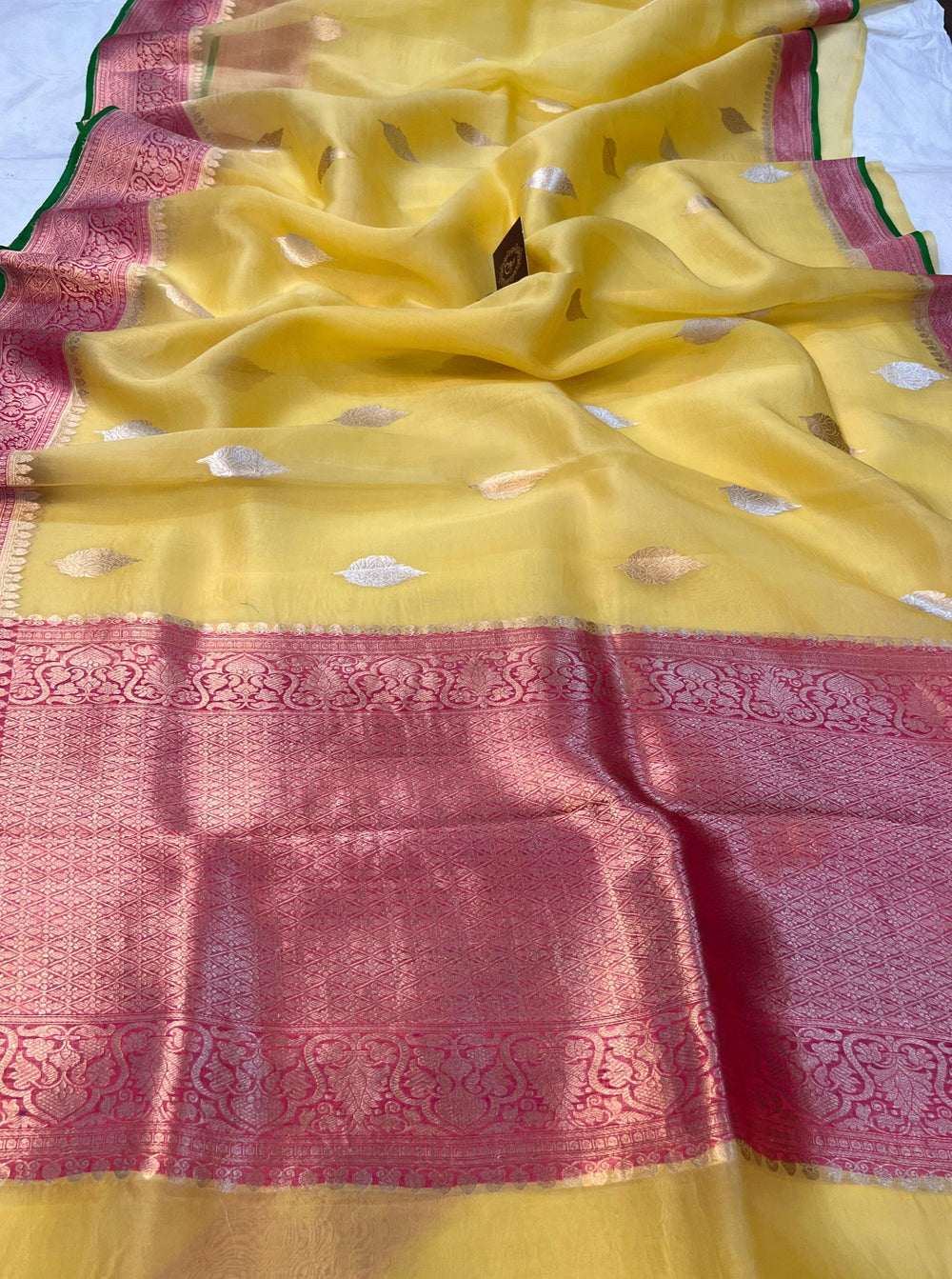 Yellow Banarasi Handloom Kora Silk Saree - Aura Benaras