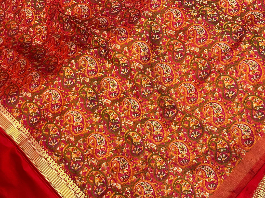 Red Banarasi Handloom Katan Satin Silk Saree - Aura Benaras