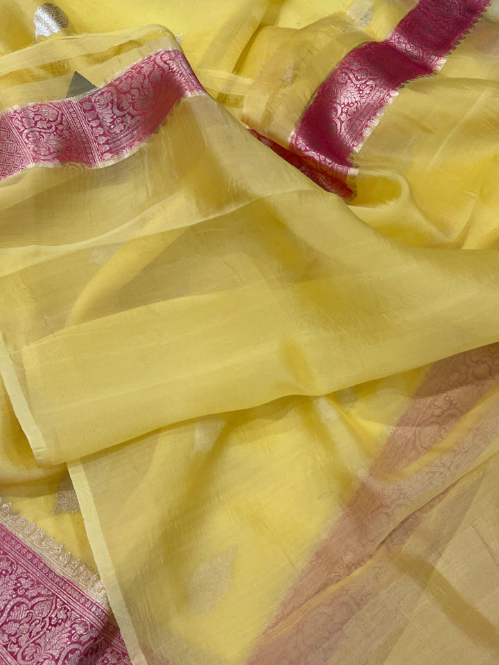 Yellow Banarasi Handloom Kora Silk Saree - Aura Benaras
