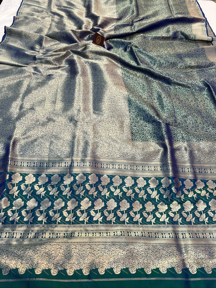 Peacock Blue Pure Katan Silk Banarasi Saree with Floral Brocade Work