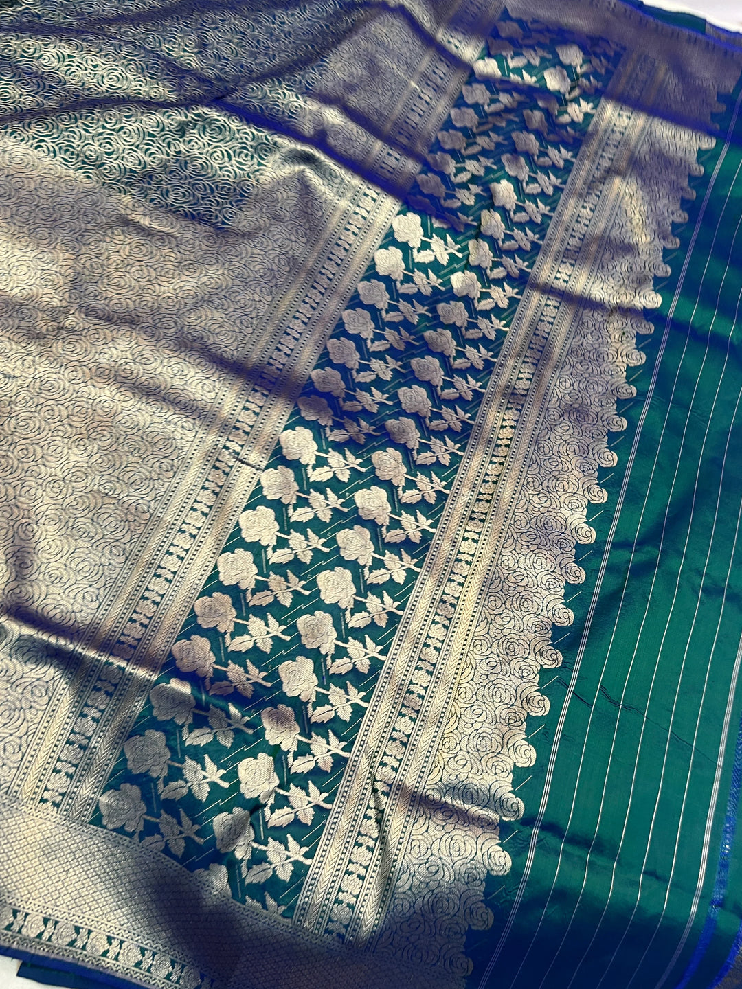 Peacock Blue Pure Katan Silk Banarasi Saree with Floral Brocade Work
