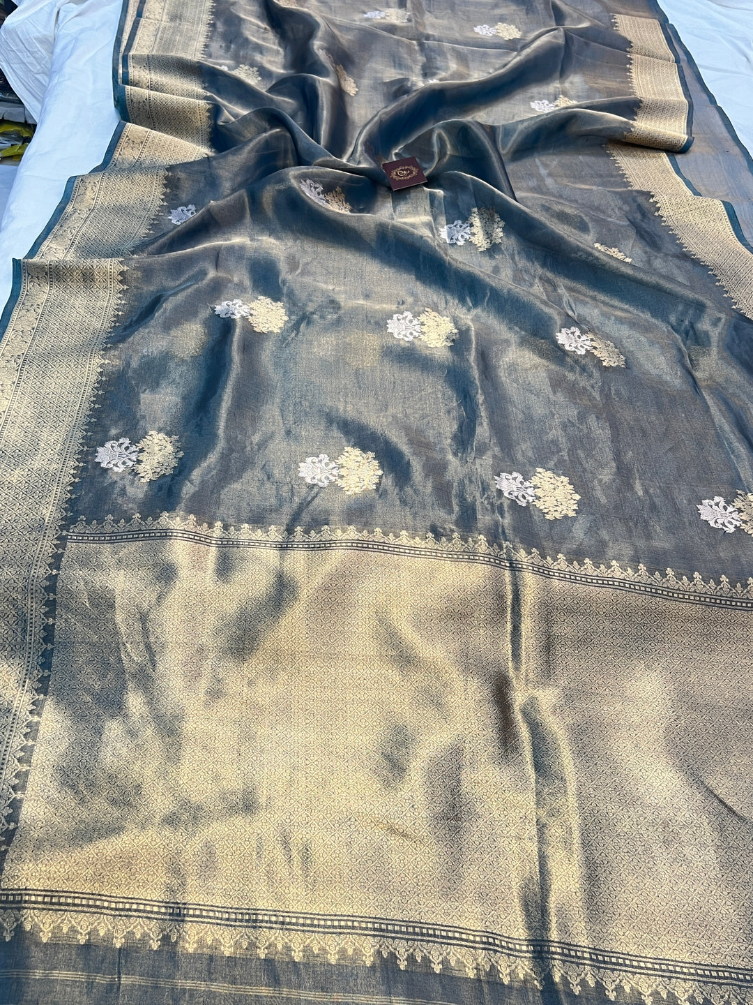 Ink Blue Tissue Silk Banarasi Saree with kadhwa butas