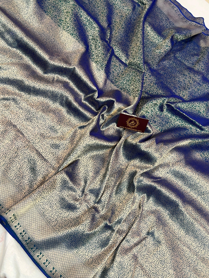 Peacock Blue Pure Katan Silk Banarasi Saree with Floral Brocade Work