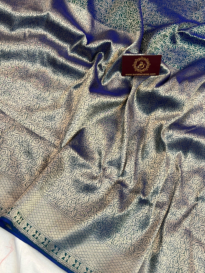 Peacock Blue Pure Katan Silk Banarasi Saree with Floral Brocade Work