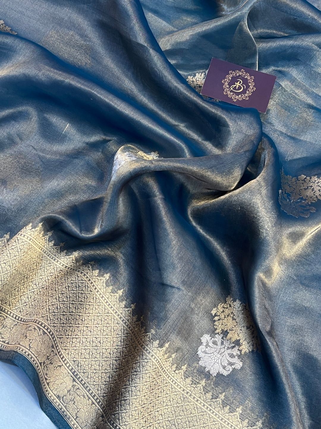 Ink Blue Tissue Silk Banarasi Saree with kadhwa butas