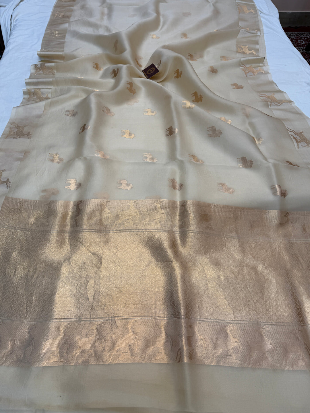 Cream Kora Silk Banarasi Saree | Deer Border