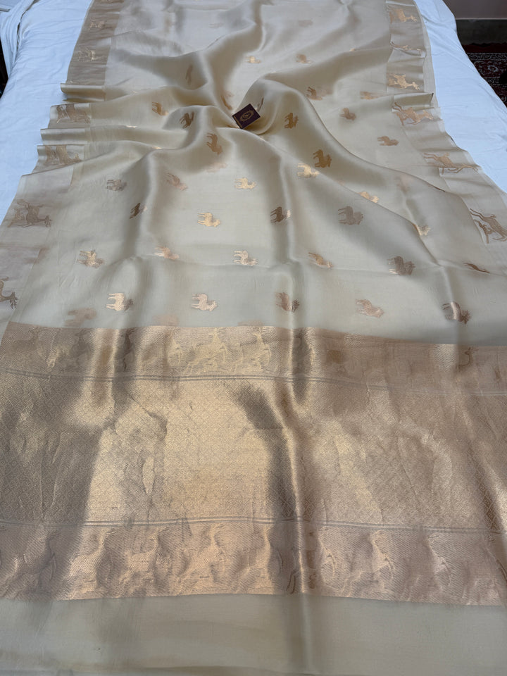 Cream Kora Silk Banarasi Saree | Deer Border