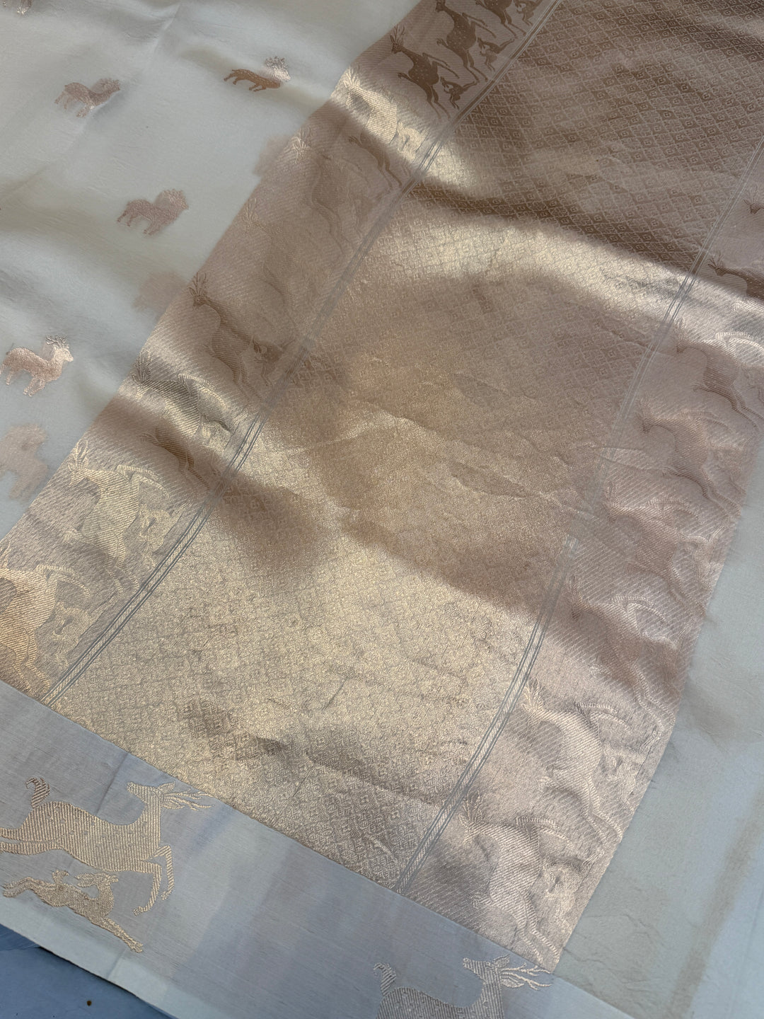 Cream Kora Silk Banarasi Saree | Deer Border