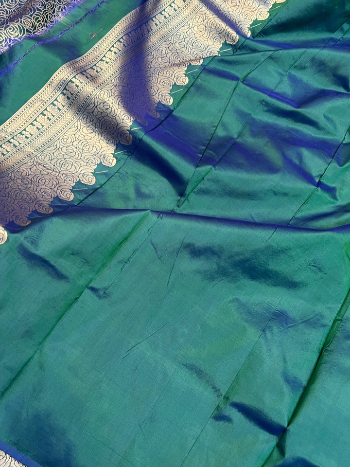 Peacock Blue Pure Katan Silk Banarasi Saree with Floral Brocade Work