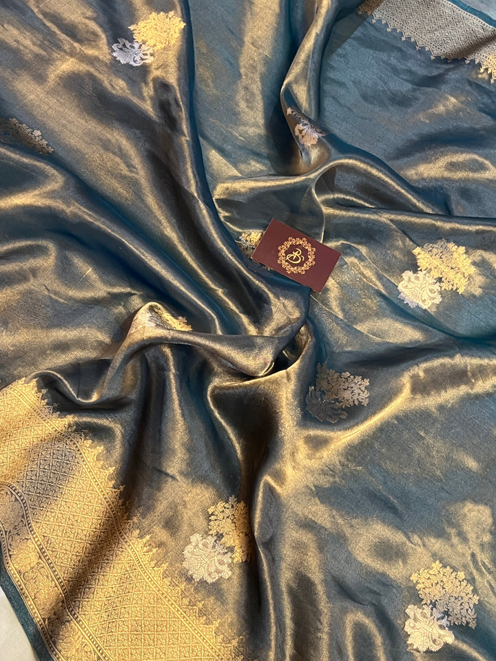 Ink Blue Tissue Silk Banarasi Saree with kadhwa butas