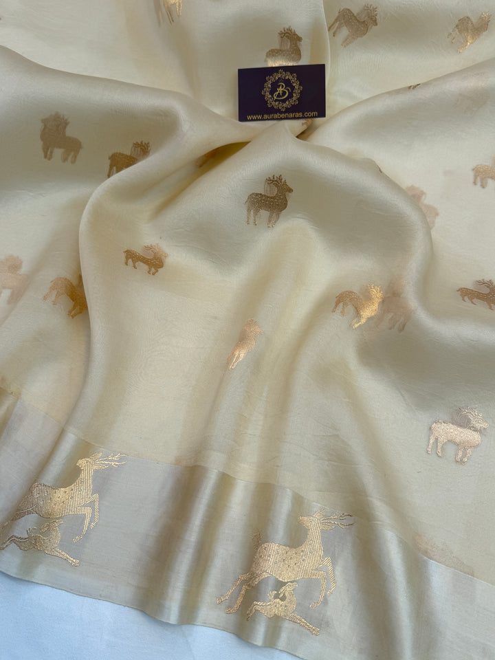 Cream Kora Silk Banarasi Saree | Deer Border