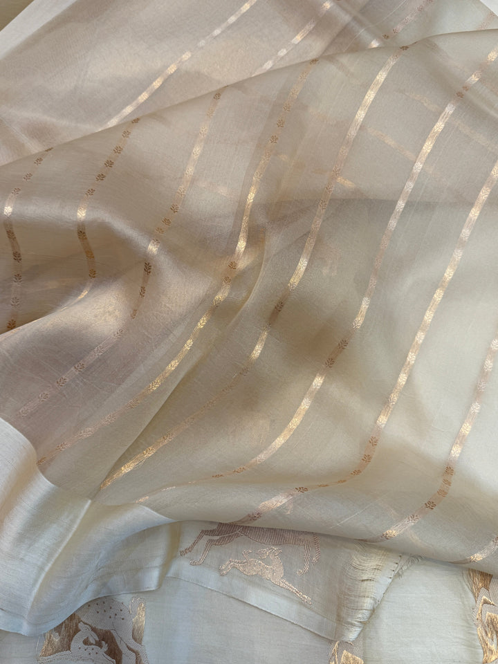 Cream Kora Silk Banarasi Saree | Deer Border