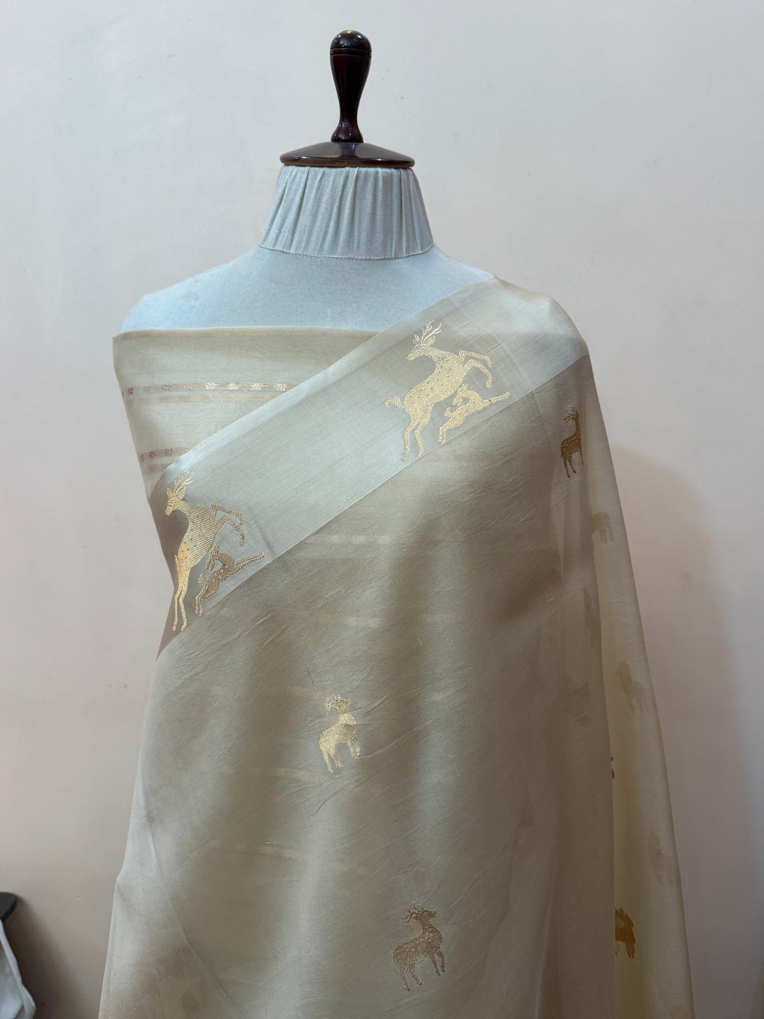 Cream Kora Silk Banarasi Saree | Deer Border