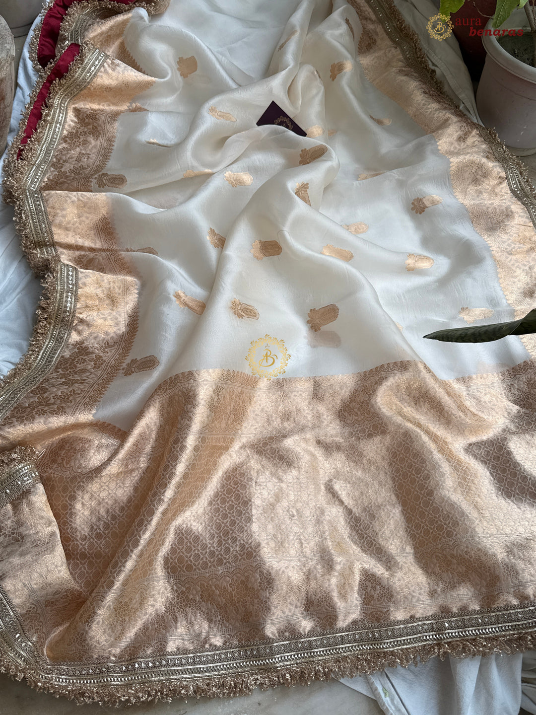 Cream Pure Kora Silk Handloom Banarasi Saree with kadhwa motifs