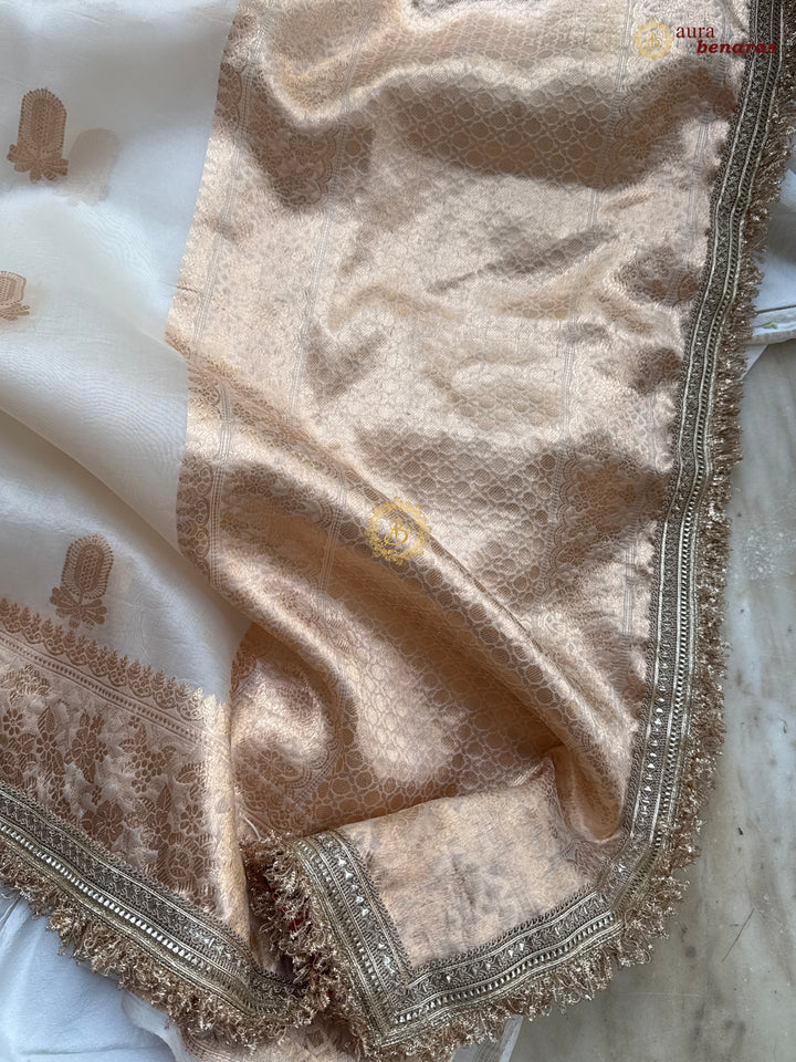 Cream Pure Kora Silk Handloom Banarasi Saree with kadhwa motifs