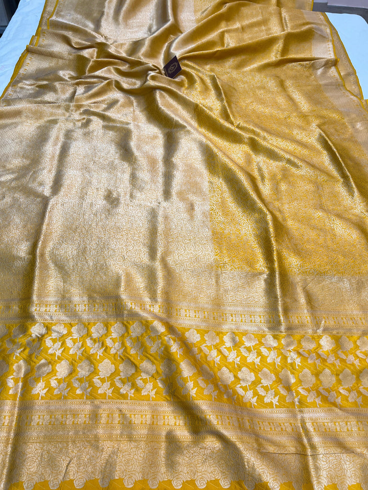 Yellow Pure Katan Silk Banarasi Saree with Floral Brocade Work