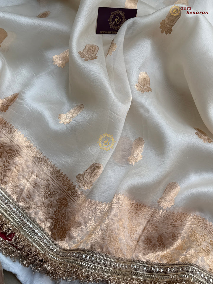 Cream Pure Kora Silk Handloom Banarasi Saree with kadhwa motifs
