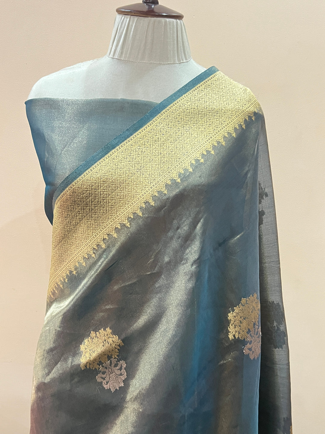 Ink Blue Tissue Silk Banarasi Saree with kadhwa butas