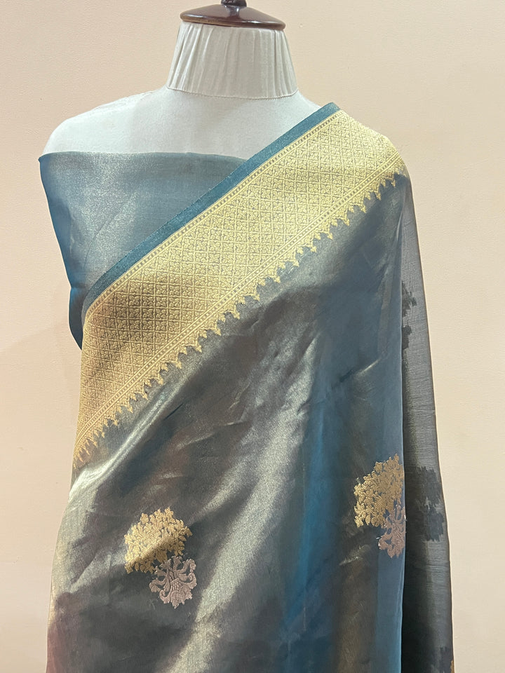Ink Blue Tissue Silk Banarasi Saree with kadhwa butas