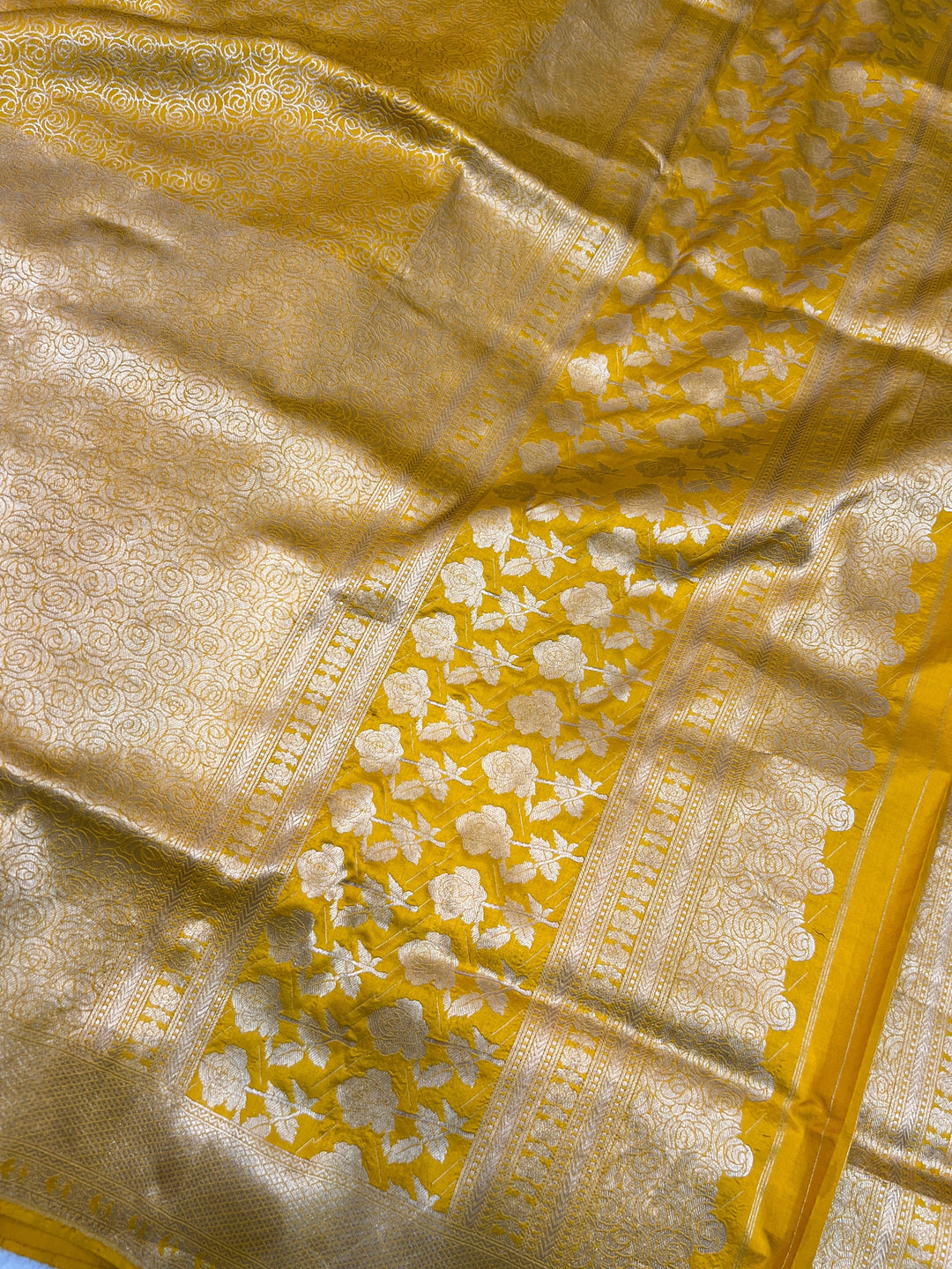 Yellow Pure Katan Silk Banarasi Saree with Floral Brocade Work