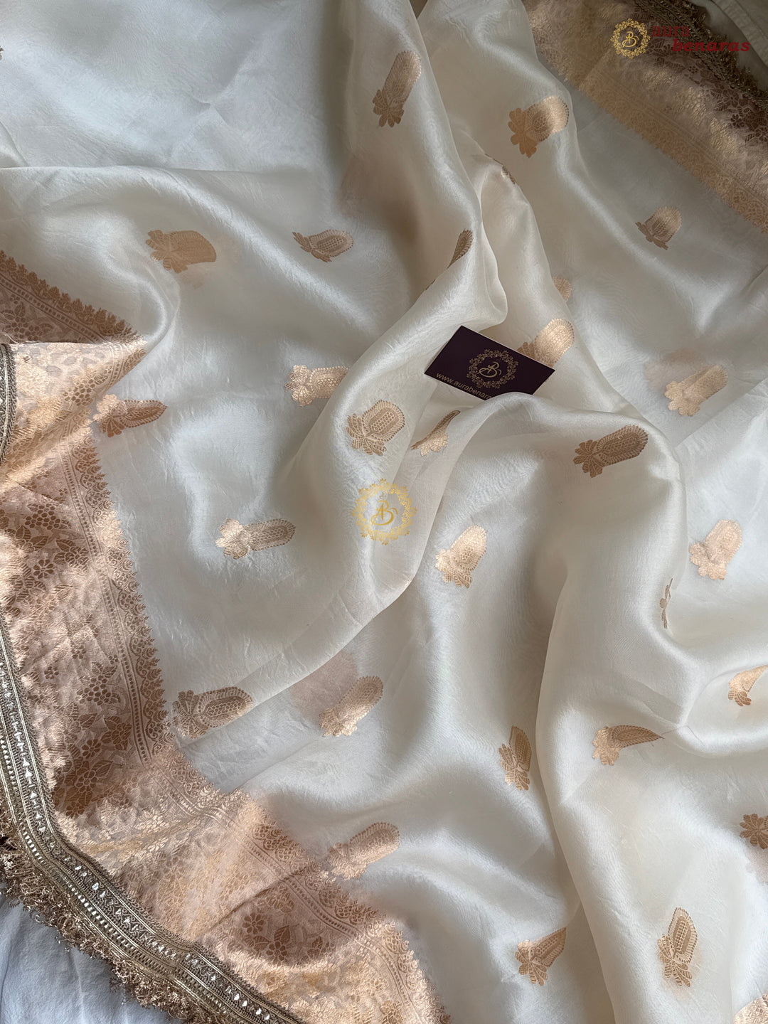Cream Pure Kora Silk Handloom Banarasi Saree with kadhwa motifs