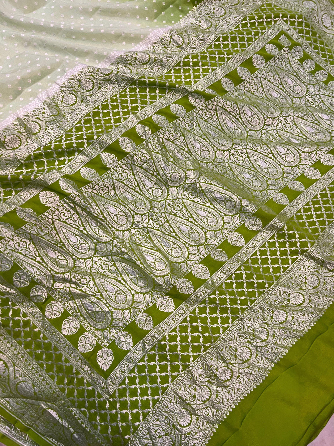 Green Shaded Pure Banarasi Khaddi Crepe Silk Saree