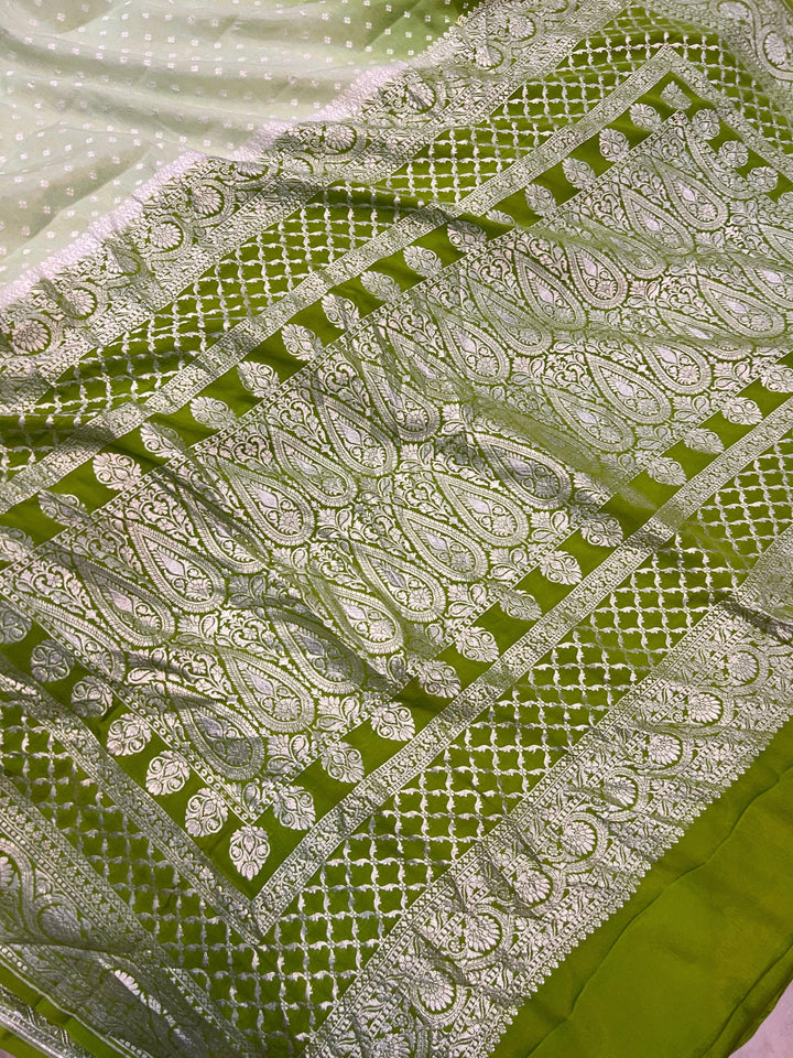 Green Shaded Pure Banarasi Khaddi Crepe Silk Saree