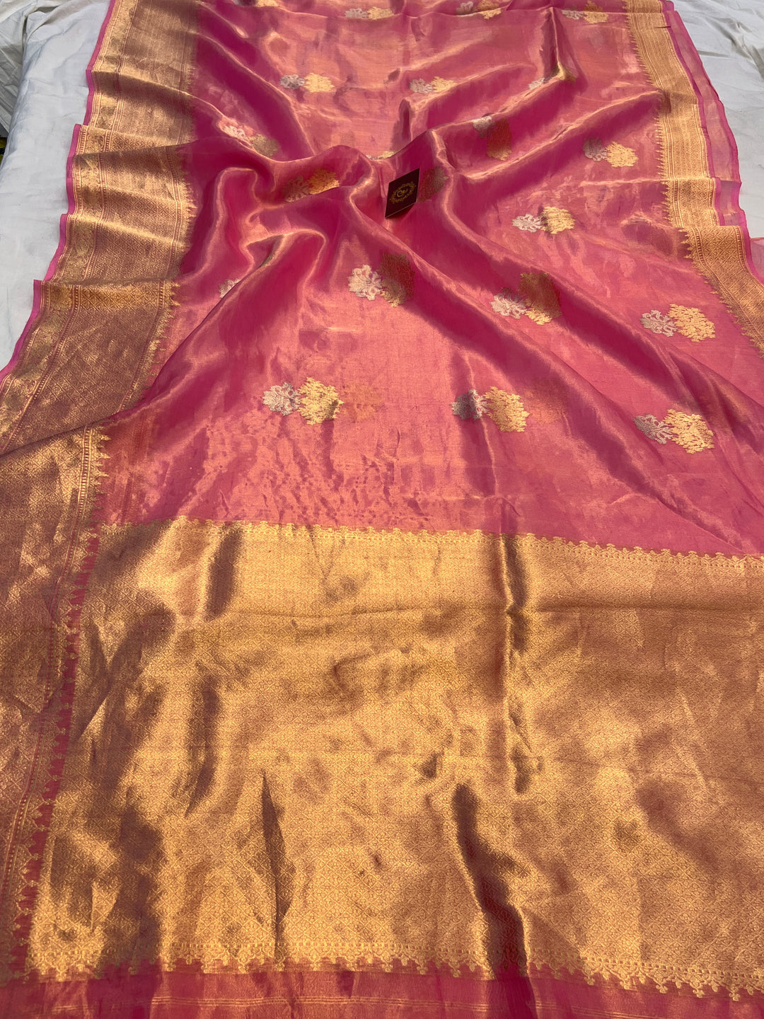 Rose Pink Tissue Silk Banarasi Saree with kadhwa butas