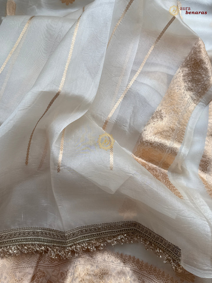 Cream Pure Kora Silk Handloom Banarasi Saree with kadhwa motifs