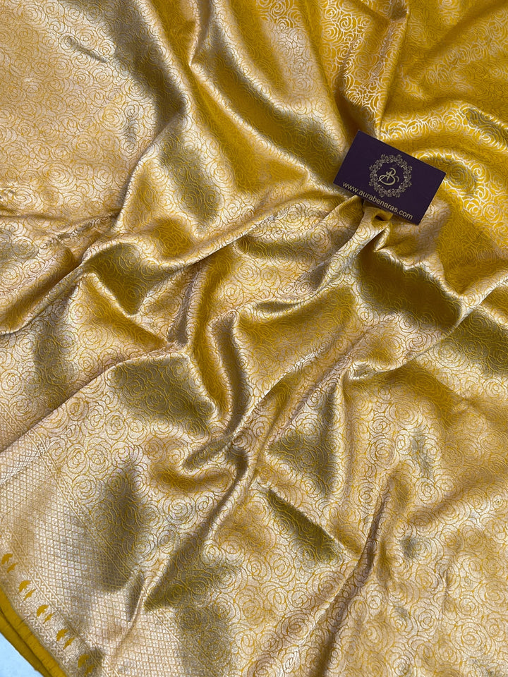 Yellow Pure Katan Silk Banarasi Saree with Floral Brocade Work