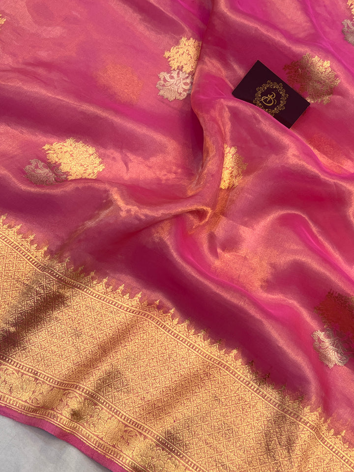 Rose Pink Tissue Silk Banarasi Saree with kadhwa butas