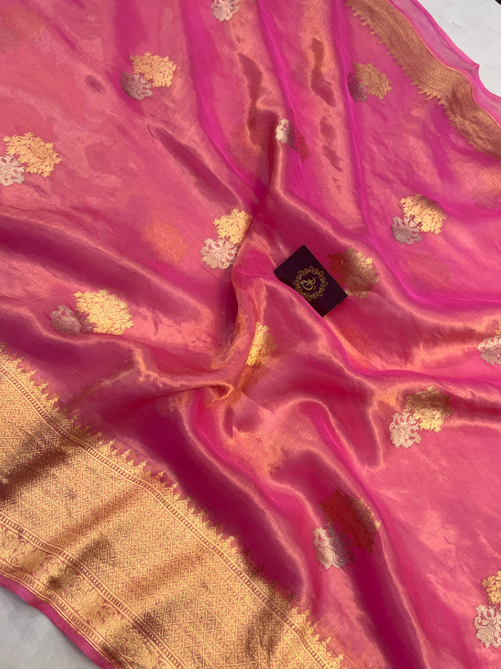 Rose Pink Tissue Silk Banarasi Saree with kadhwa butas