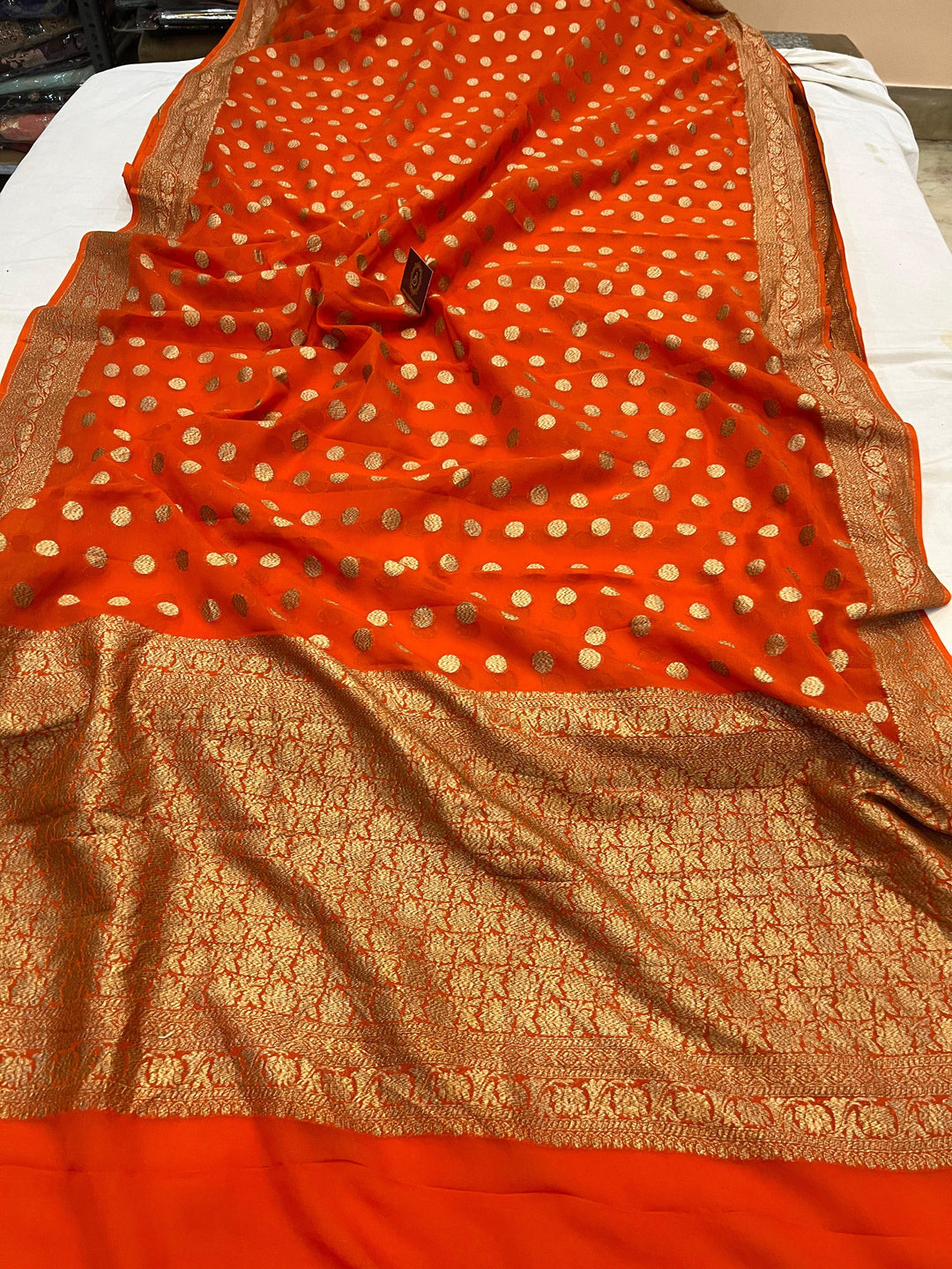 Orange Pure Banarasi Khaddi Georgette Saree | Aura Benaras