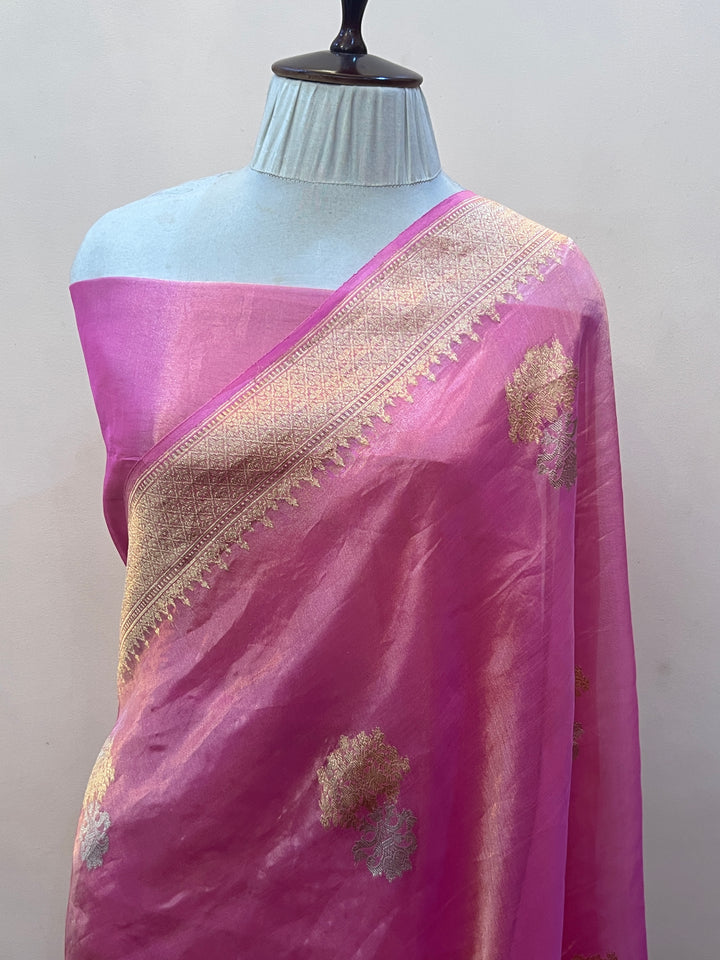 Rose Pink Tissue Silk Banarasi Saree with kadhwa butas