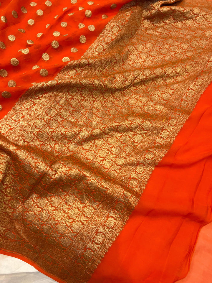 Orange Pure Banarasi Khaddi Georgette Saree | Aura Benaras