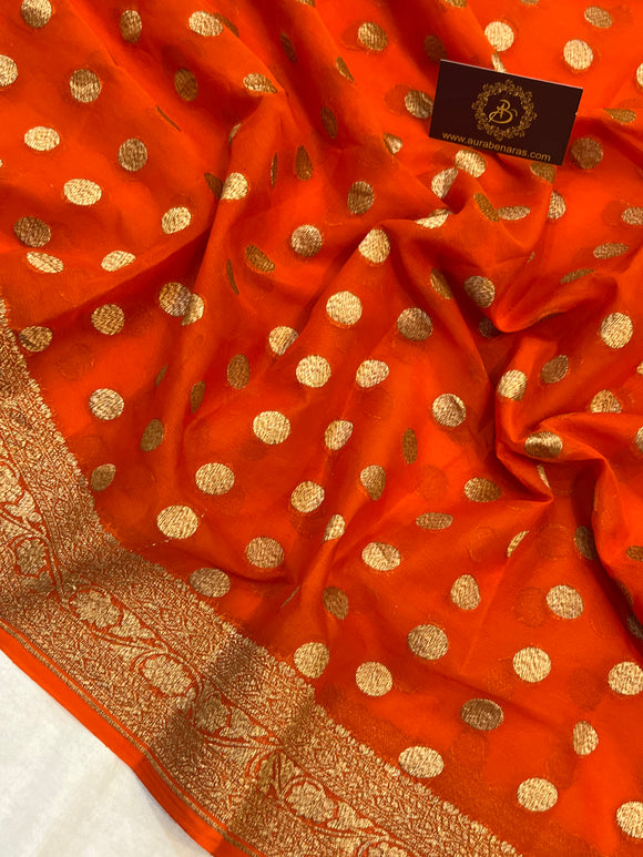 Orange Pure Banarasi Khaddi Georgette Saree | Aura Benaras